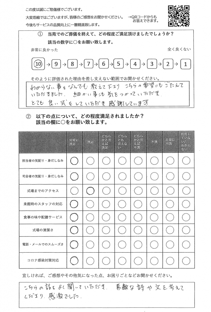 柏市大津ヶ丘の方の家族葬のアンケート