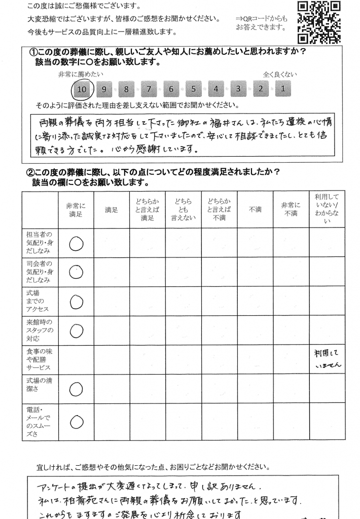 柏市新柏の方の家族葬のアンケート