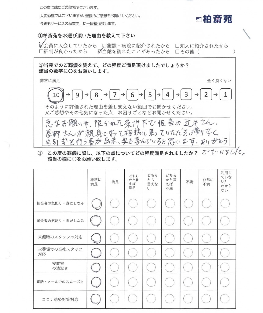 柏市松葉町の方の一日葬アンケート