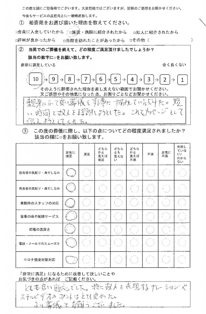 柏市加賀の方の家族葬アンケート