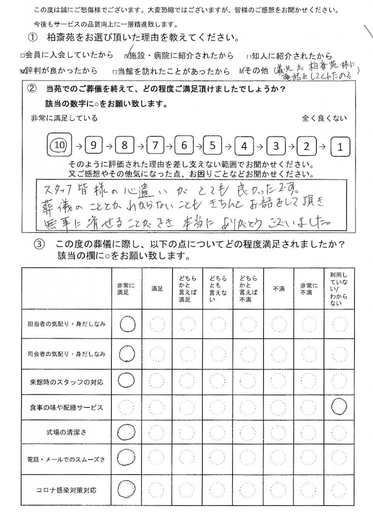 柏市光ヶ丘の方の家族葬アンケート