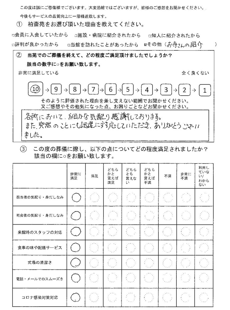 柏市南逆井の方の家族葬アンケート