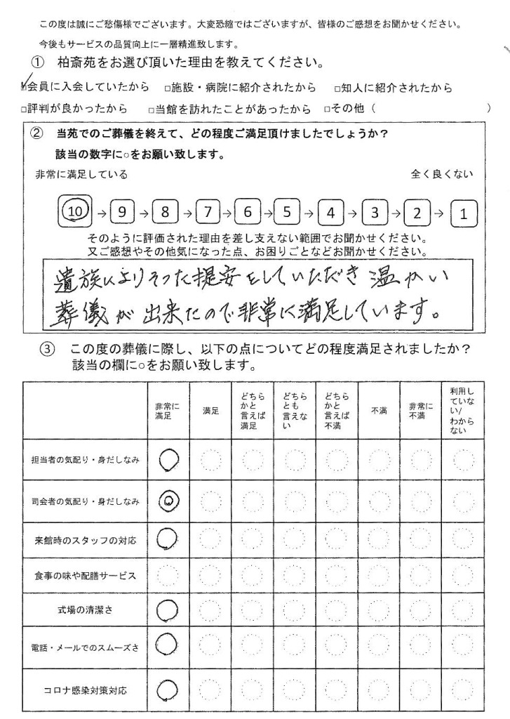 柏市若柴の方の家族葬アンケート