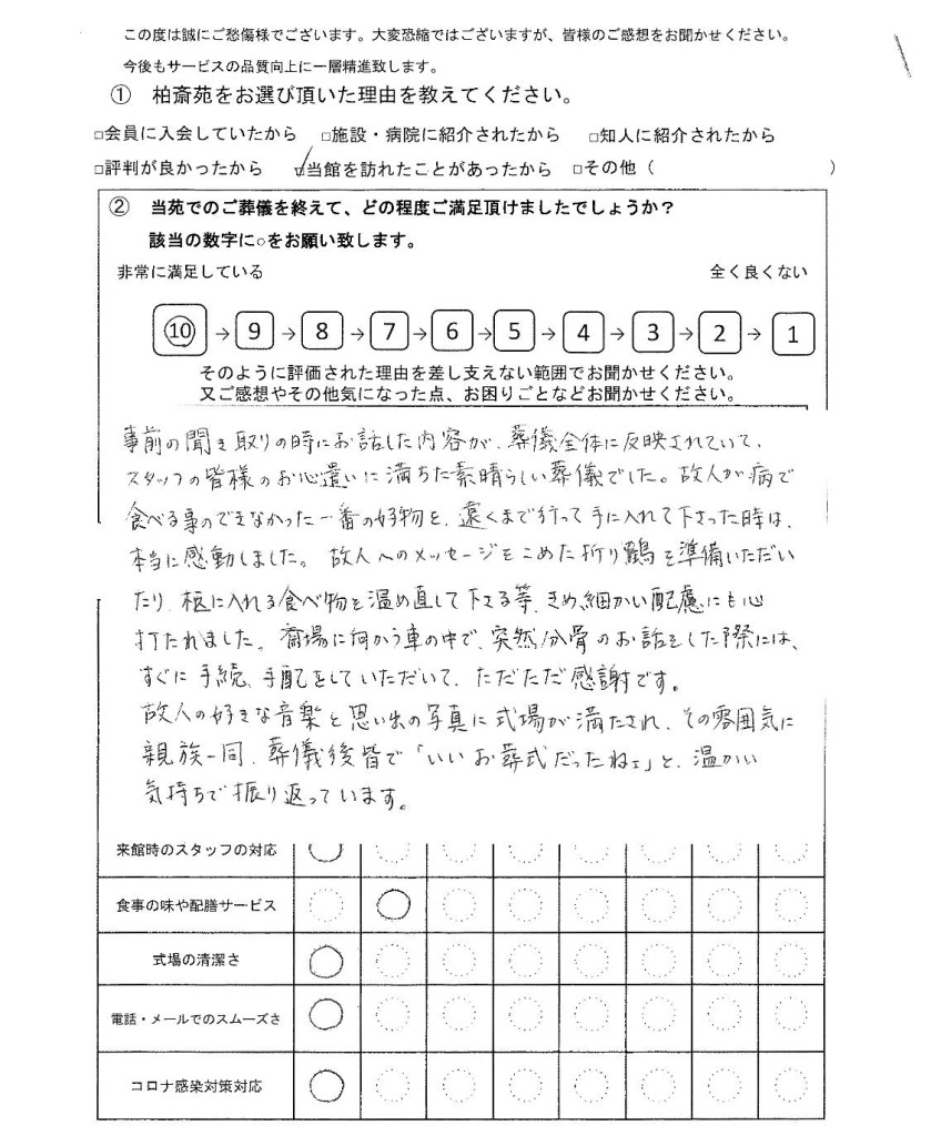 柏市若柴の方の家族葬アンケート