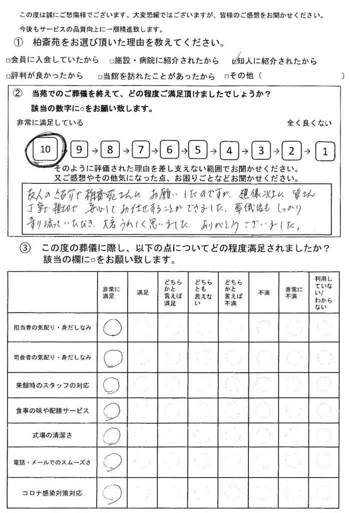 柏市逆井の方の一日葬アンケート