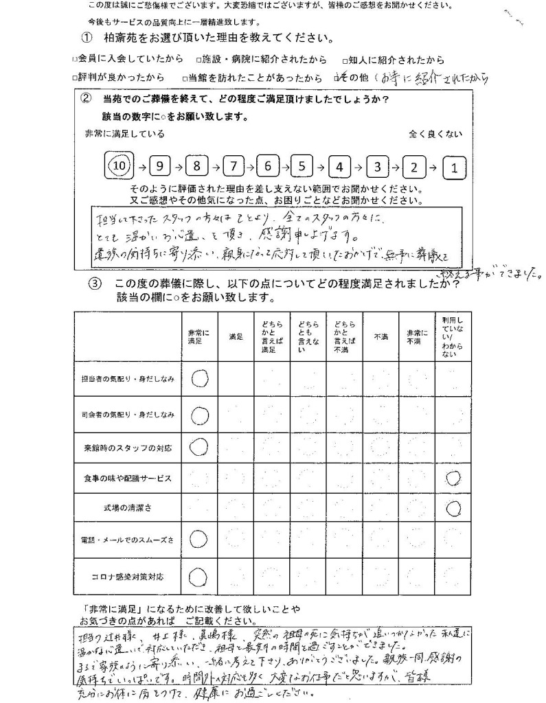 柏市豊四季の方の家族葬アンケート