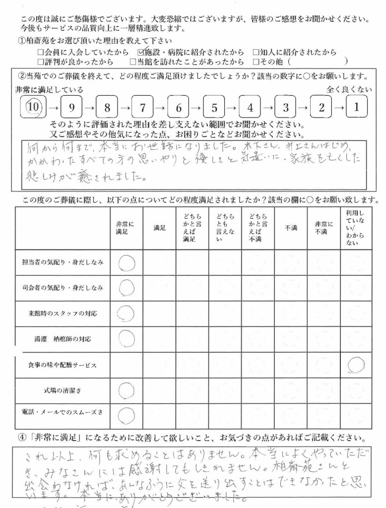 柏市藤ヶ谷の方の葬儀アンケート