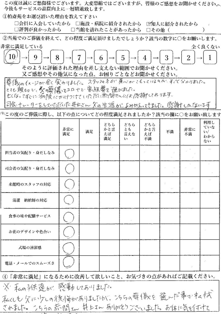 柏の葉家族葬ホール家族葬アンケート